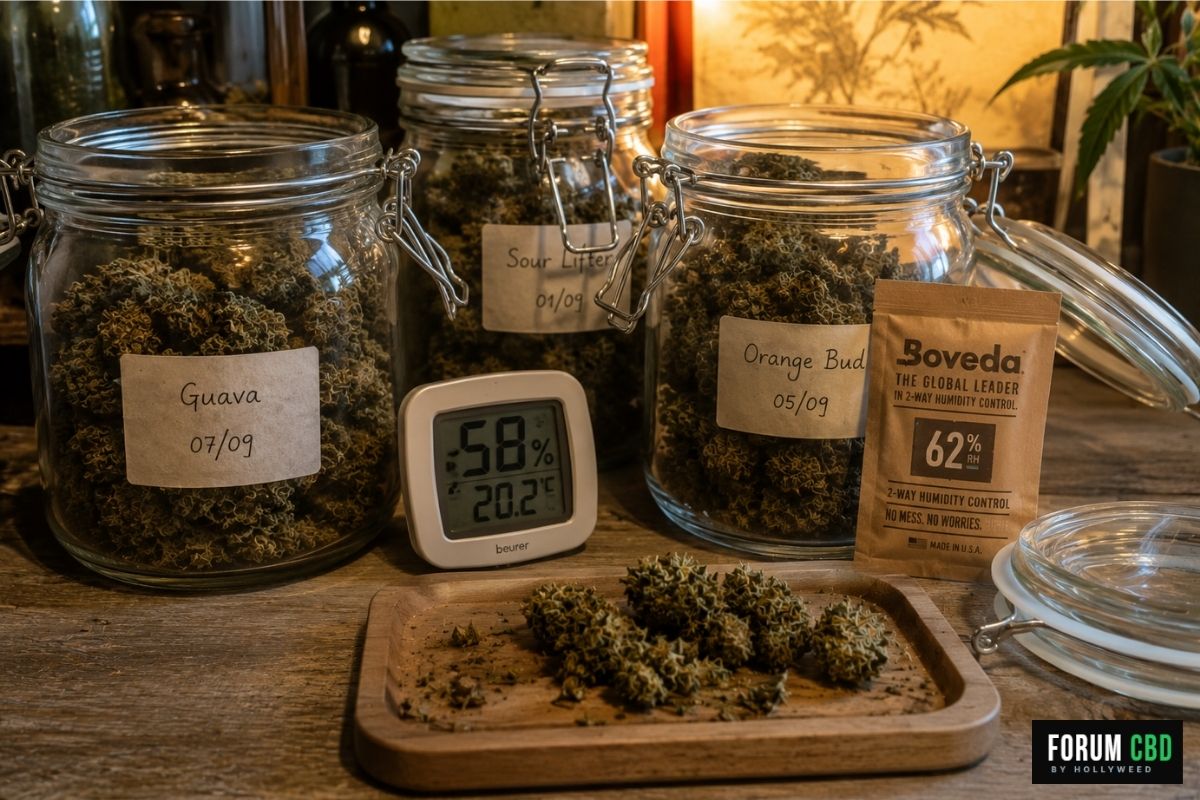 Conservation de fleurs CBD après curing avec bocaux en verre et contrôle de l’humidité.