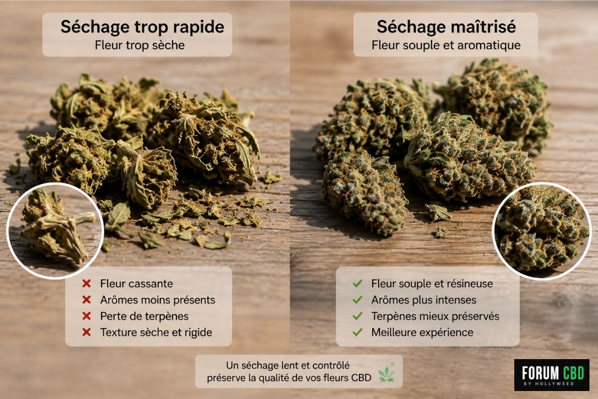Comparaison entre une fleur CBD trop sèche et une fleur correctement séchée après récolte.