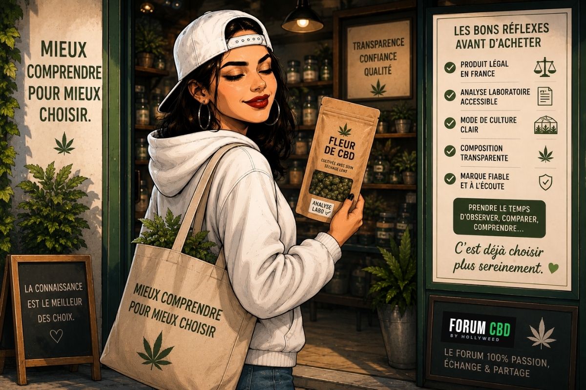 Illustration d’une consommatrice repartant sereinement avec un produit CBD après avoir comparé et mieux compris les informations avant achat