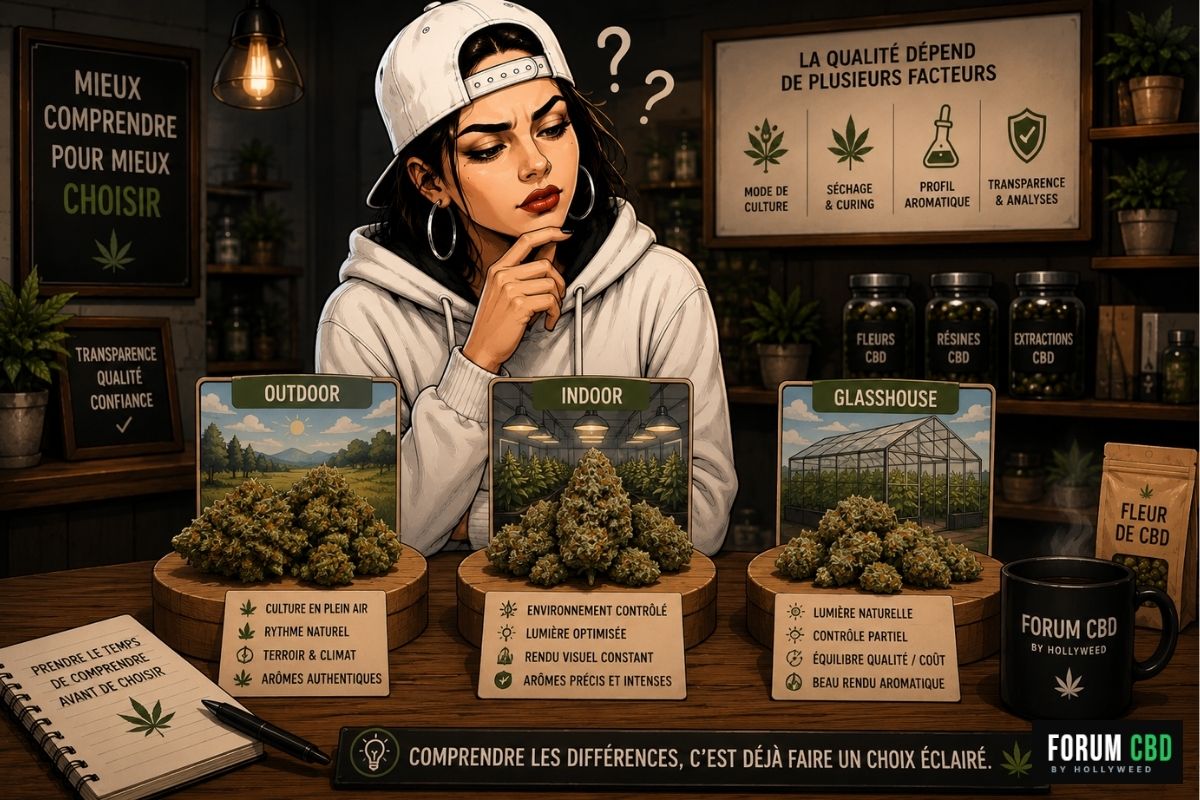 Illustration d’une consommatrice observant les différences entre cultures CBD indoor, outdoor et glasshouse afin de mieux comprendre les caractéristiques des produits
