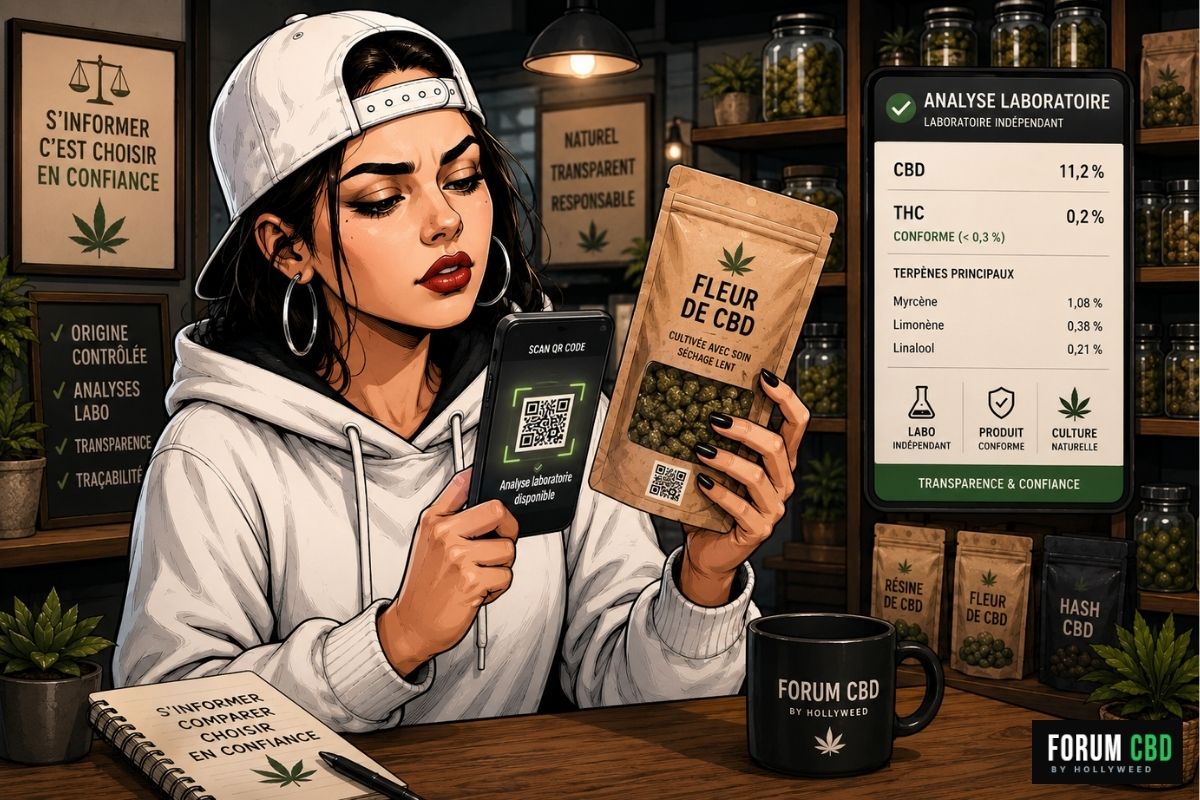 Consommatrice consultant une analyse laboratoire sur téléphone après scan du QR code d’un produit CBD pour mieux vérifier sa transparence