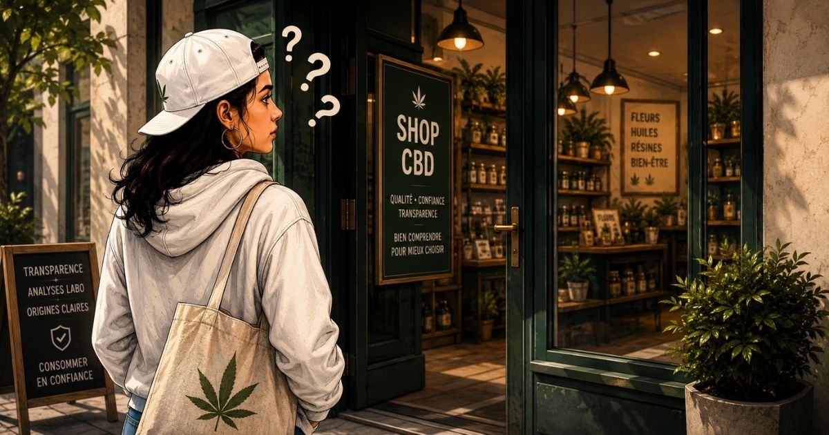Illustration d’une consommatrice entrant dans une boutique CBD avec des interrogations afin de mieux comprendre les produits avant de choisir