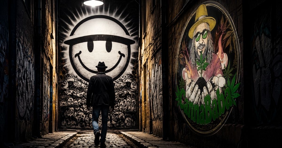 Visuel Shiny Flakes dans une ruelle urbaine sombre avec personnage de dos, fresque smiley géante et logo CannaBaba intégré sur le mur illustrant l’univers de la fleur CBD cultivée sur sol vivant