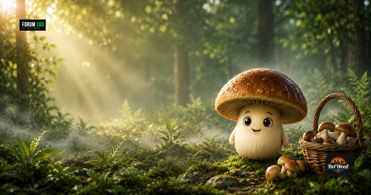 Petit champignon souriant dans une forêt au petit matin, entouré de mousse, de végétation, d’un panier rempli de champignons et d’une légère brume au sol.