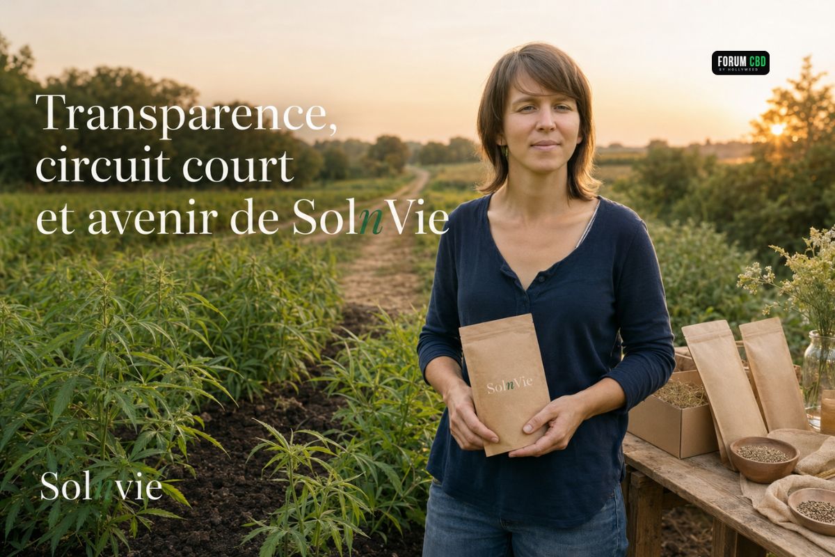Solène, productrice de chanvre bio SolnVie, dans son champ avec ses produits commercialisés en circuit court.
