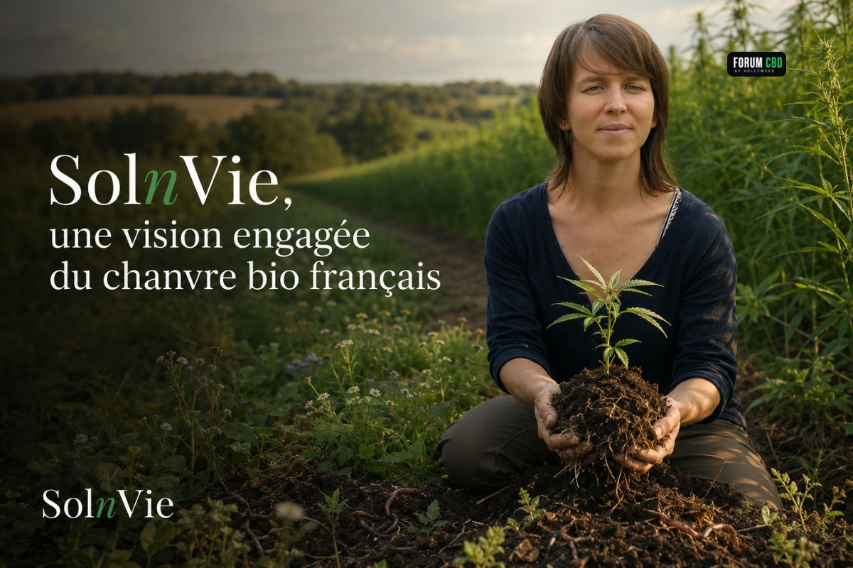 Solène, productrice de chanvre bio SolnVie, tenant un jeune plant avec ses racines dans un sol vivant au milieu de son champ.
