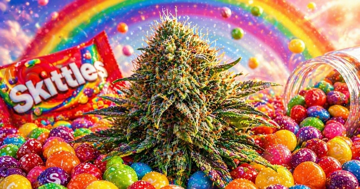 Space Candy CBD outdoor Sauzy CBD fleur entourée de bonbons colorés style candy arc-en-ciel ambiance gourmande