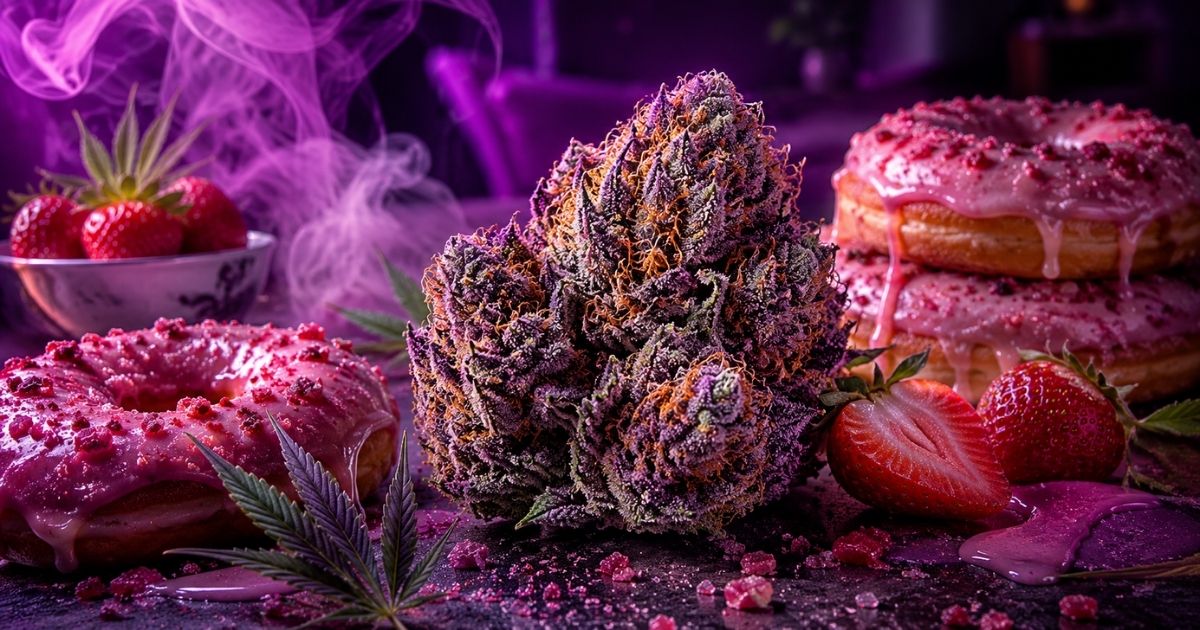 Fleur CBD Strawberry Doughnuts Purple entourée de doughnuts glacés à la fraise dans une ambiance violette gourmande et premium.