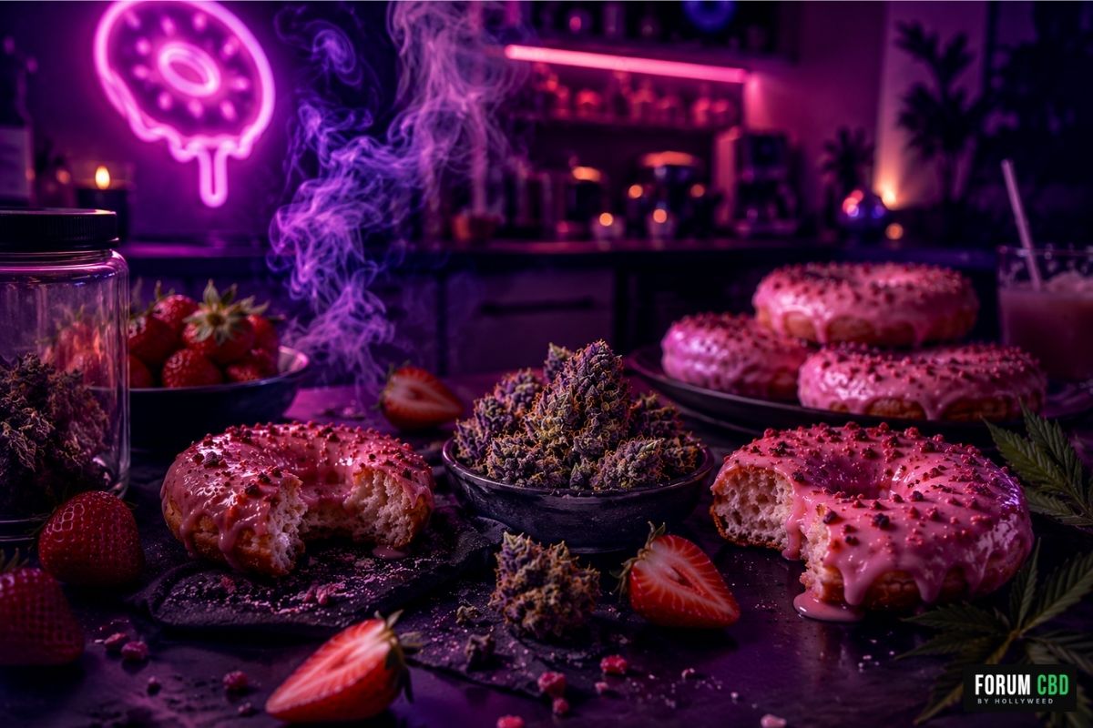 Ambiance nocturne autour de la Strawberry Doughnuts Purple CBD avec doughnuts à la fraise, fleurs de CBD et lumière néon violette.