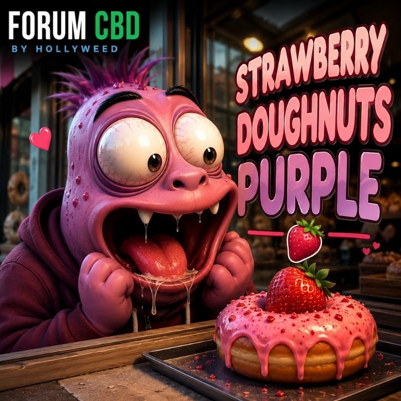Personnage cartoon devant un donut à la fraise inspiré de la Strawberry Doughnuts Purple CBD dans une ambiance gourmande et humoristique.