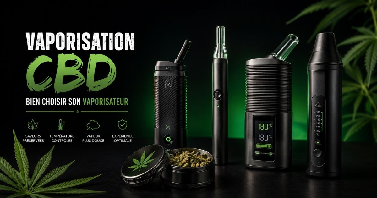 Guide sur la vaporisation CBD avec différents vaporisateurs et grinder sur fond noir et vert pour illustrer les fleurs de chanvre et le contrôle des températures