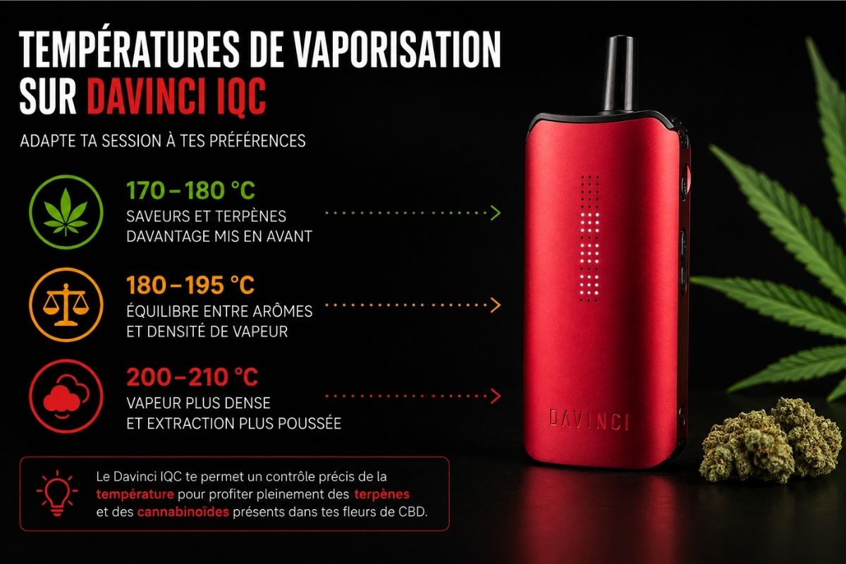Tableau des températures de vaporisation sur un DaVinci IQC rouge pour optimiser les saveurs, terpènes et densité de vapeur des fleurs CBD