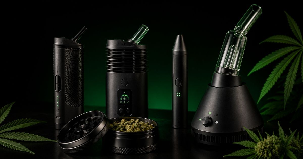 Différents vaporisateurs CBD avec grinder sur fond noir et éclairage vert pour illustrer la vaporisation des fleurs de chanvre